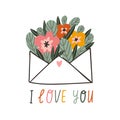 Vector hand drawn illustration. Valentines day card design. Love letter with a bouquet of flowers